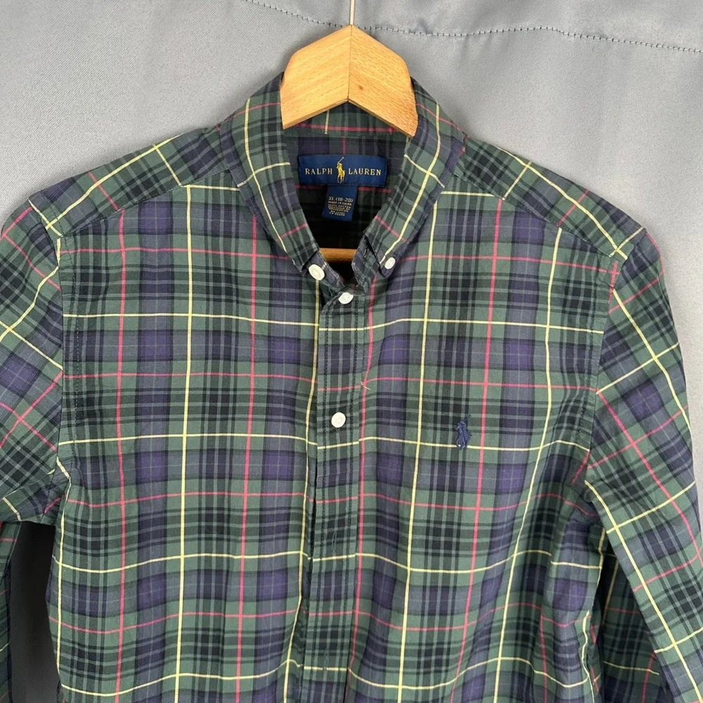 Ralph Lauren Boys XL 18-20 Green Plaid Button Down Shirt Long Sleeve Pony Logo